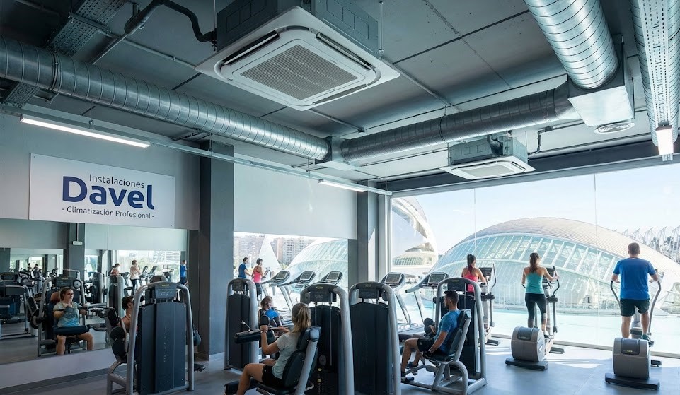 Sistema de climatización y conductos de ventilación en el techo de un gimnasio en Valencia con gente entrenando.